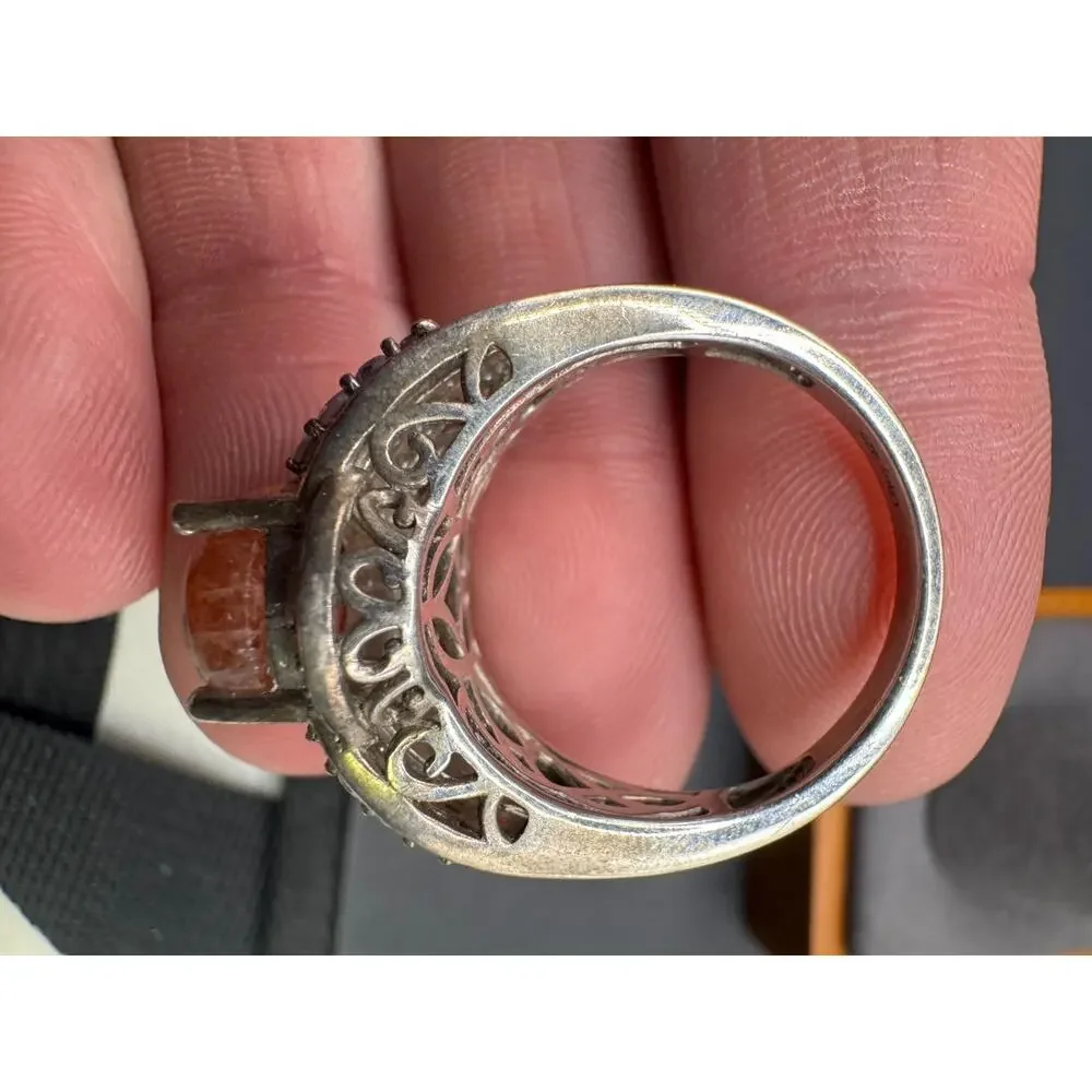 Vtg 925 Sterling Silver Orange Sunstone Cabochon Ring Clear Blue Accent Sz 10